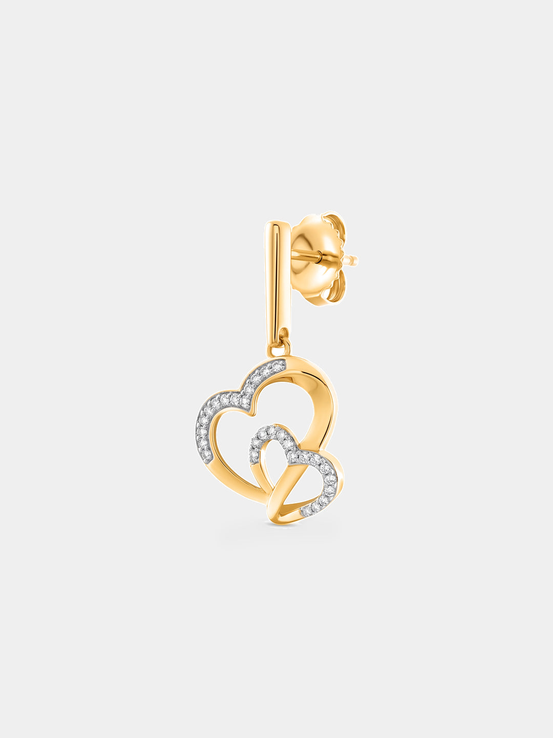 Keemti Jewels Tangled In Love Heart Earrings: gold interlocking hearts with diamond accents on a white background.