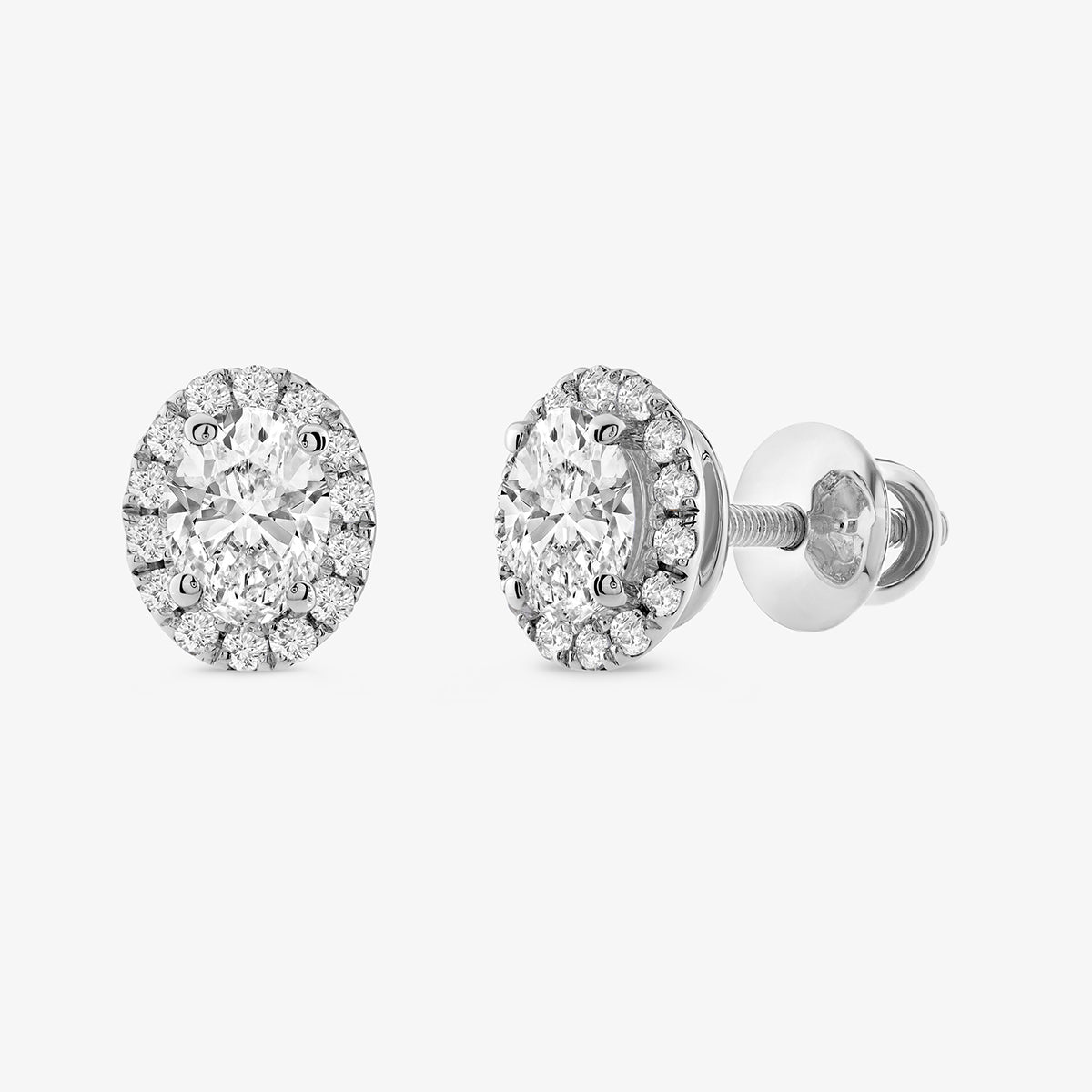 Keemti Jewels CLASSIC Halo Solitaire Stud EARRINGS with round stones and screw-back on a white background.