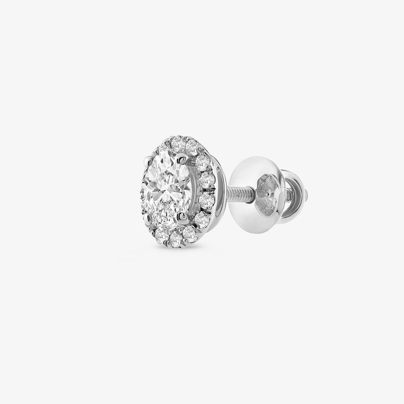 Keemti Jewels CLASSIC Halo Solitaire Stud EARRINGS with round stones and screw-back setting on white background.