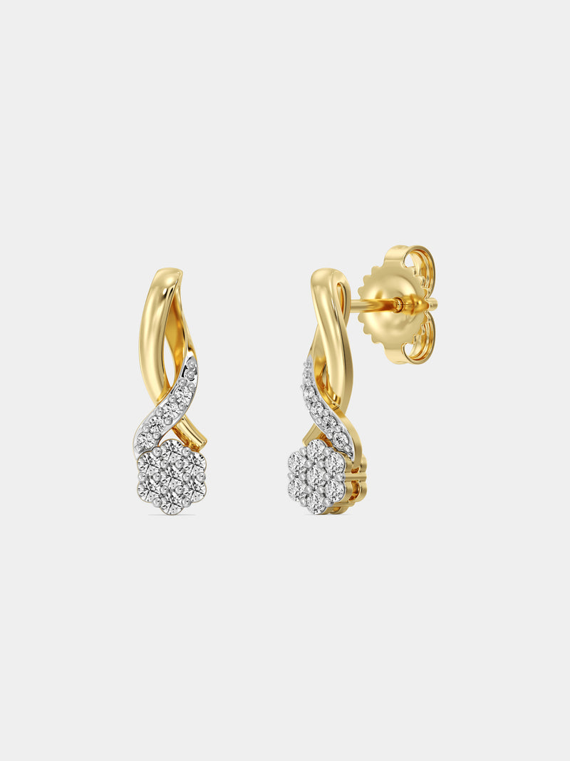 Twisted knot drop stud earrings, gold vermeil with clustered round pavé stones