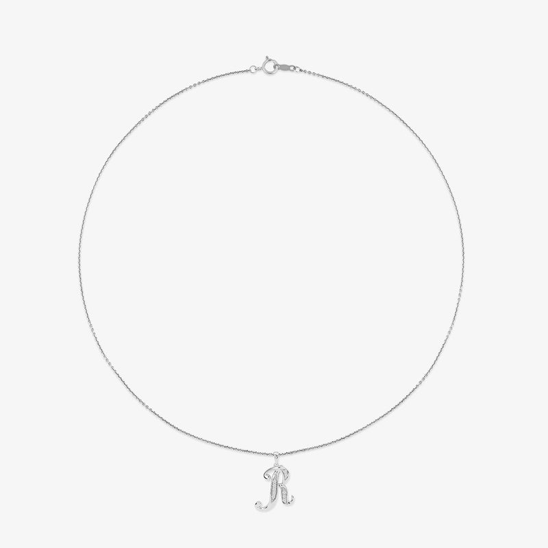 Keemti Jewels' CLASSIC R Signature PENDANT: a thin silver chain with a small cursive R, shown on white.