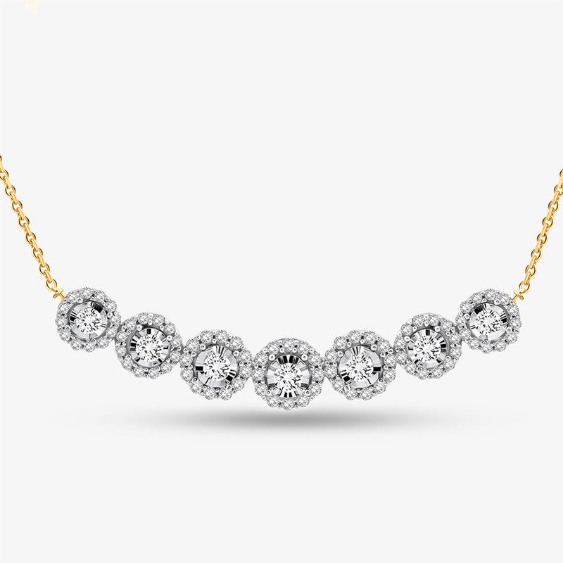 Keemti Jewels' Symphony Of Sparkle Necklet: seven diamond clusters in a gold bar design, shown on white.
