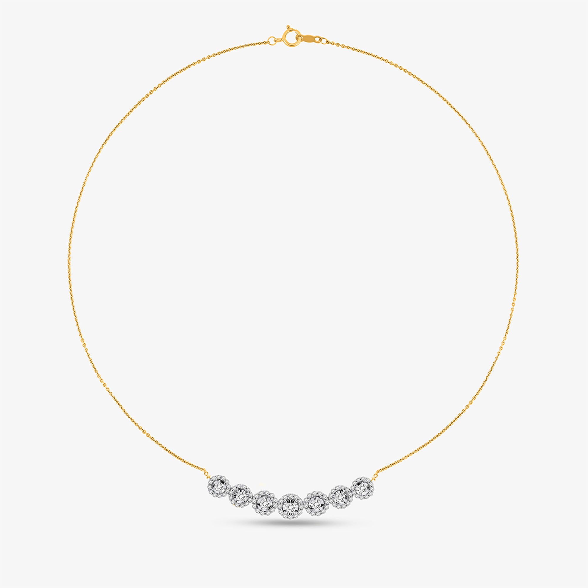 Symphony Of Sparkle Necklet by Keemti Jewels: seven round diamonds elegantly set in a gold bar on white.