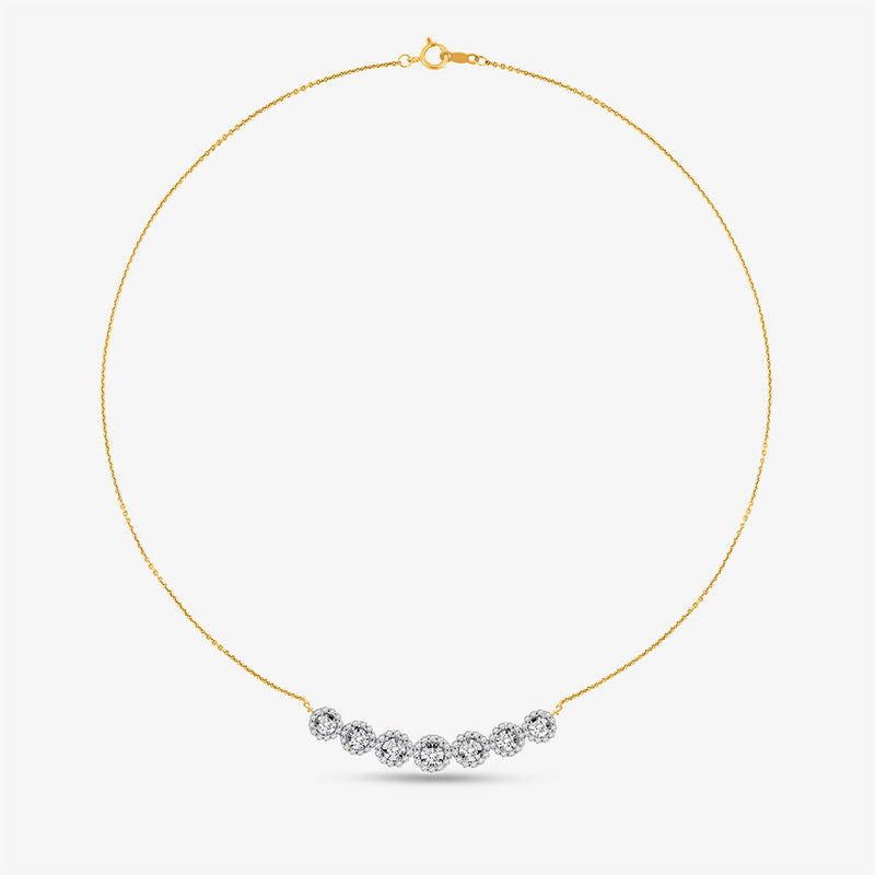 Symphony Of Sparkle Necklet by Keemti Jewels: seven round diamonds elegantly set in a gold bar on white.