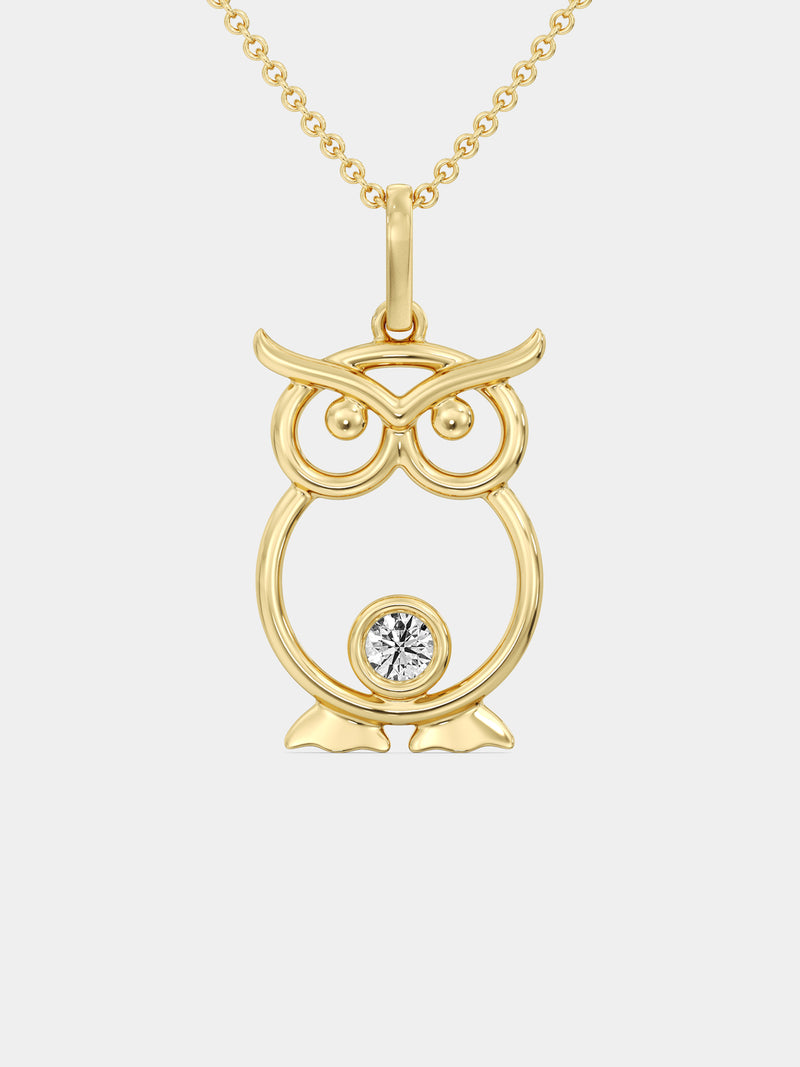 Eulenanhänger mit Diamant im runden Kreis, an langer Gliederkette