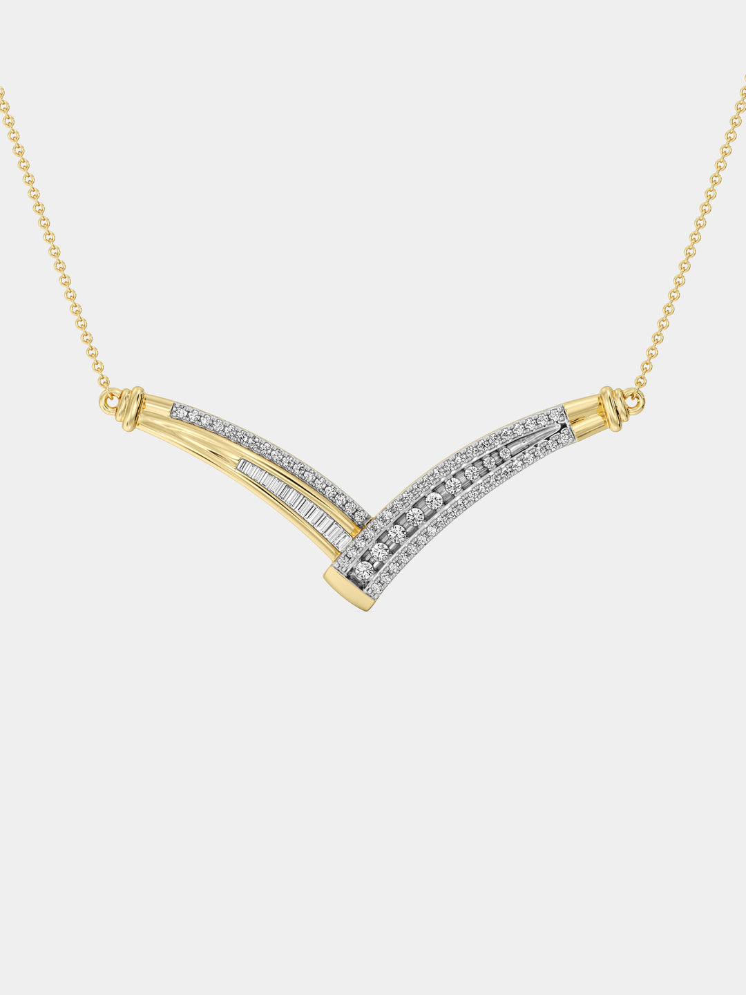 Keemti Jewels Multi-Stone Chevron Necklet: gold V-shaped chain with double rows of white diamonds in a chevron.
