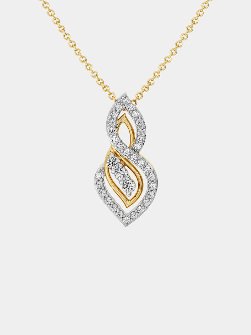 Keemti Jewels' Two-Tone Dual Loop Necklet features an intertwined, diamond-leaf pendant on a white background.