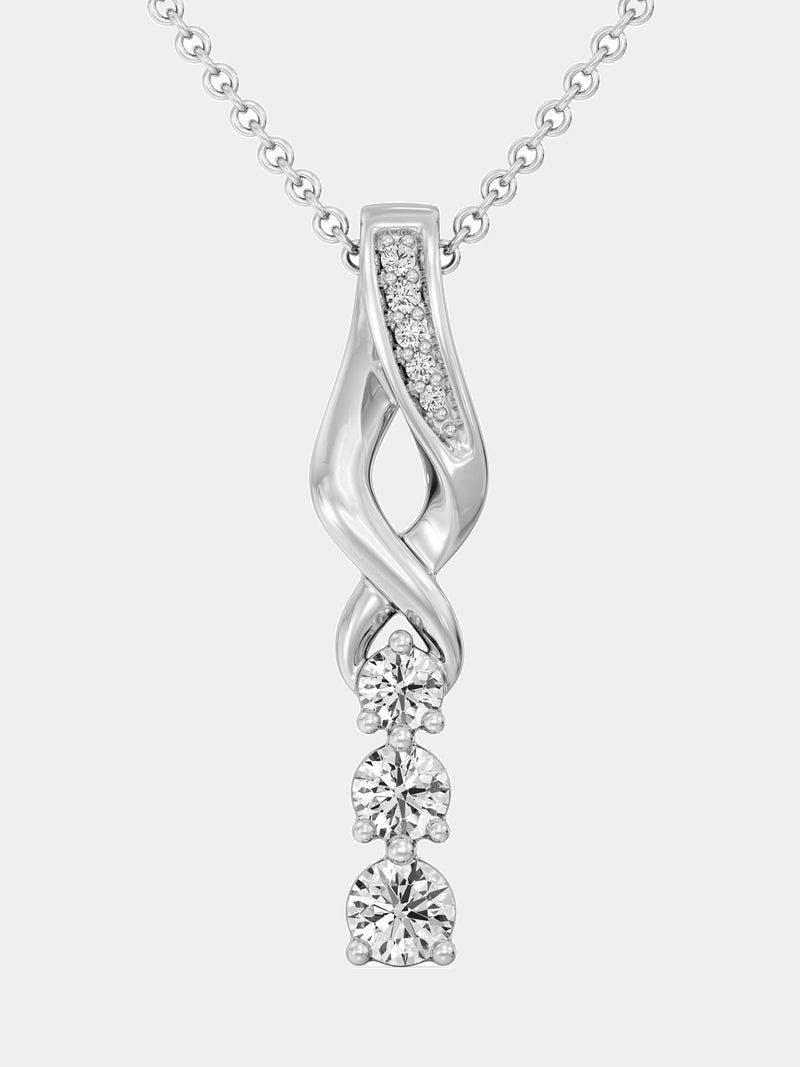Three-stone twirl drop necklace: silver-toned swirl pendant with three gemstones