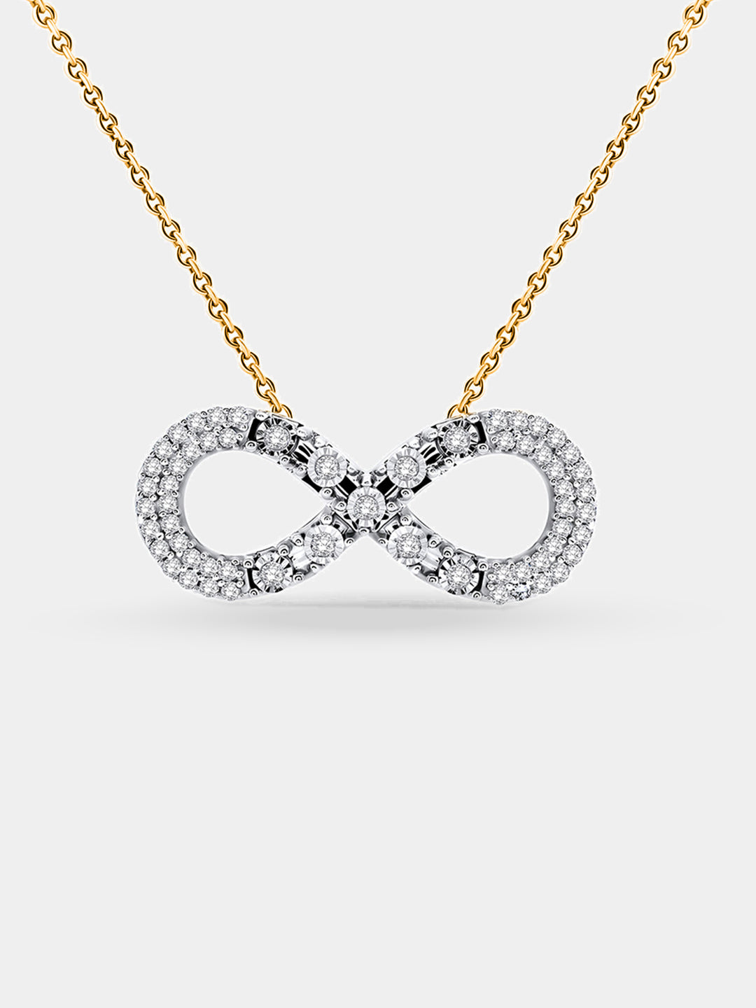 A woman in a white top wears the Keemti Jewels Classic Infinity Diamond Necklet, symbolizing eternal love.