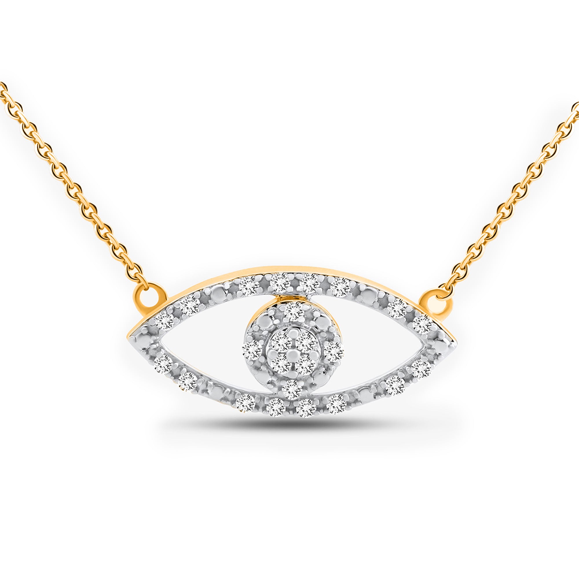 Keemti Jewels' Halo Evil Eye Necklet: Gold chain, eye motif pendant with diamond halo—stylish, elegant protection.