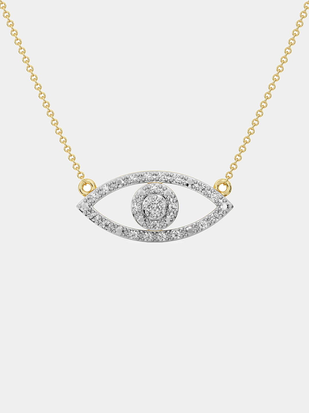 Keemti Jewels' Halo Evil Eye Necklet: Gold chain, eye motif pendant with diamond halo—stylish, elegant protection.