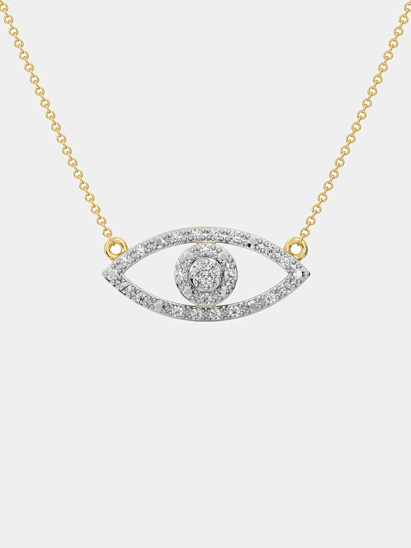 Keemti Jewels' Halo Evil Eye Necklet: Gold chain, eye motif pendant with diamond halo—stylish, elegant protection.