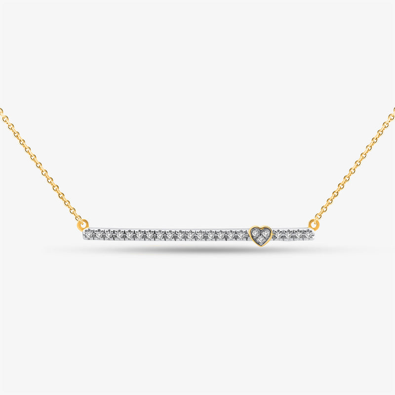 Keemti Jewels Linear Love Necklet: Gold bar chain necklace with heart motif, diamonds, on white background.