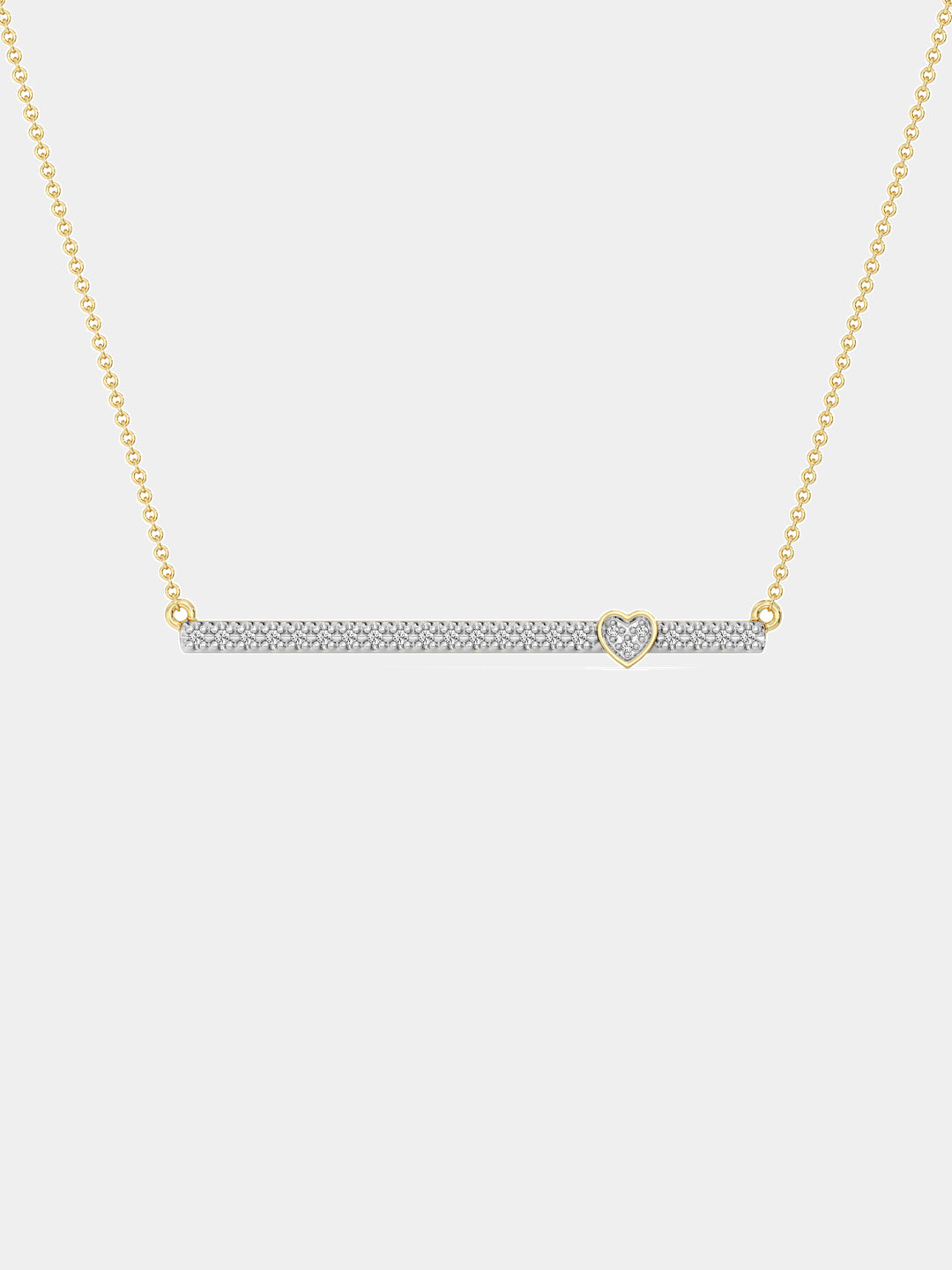 Keemti Jewels Linear Love Necklet: Gold bar chain necklace with heart motif, diamonds, on white background.