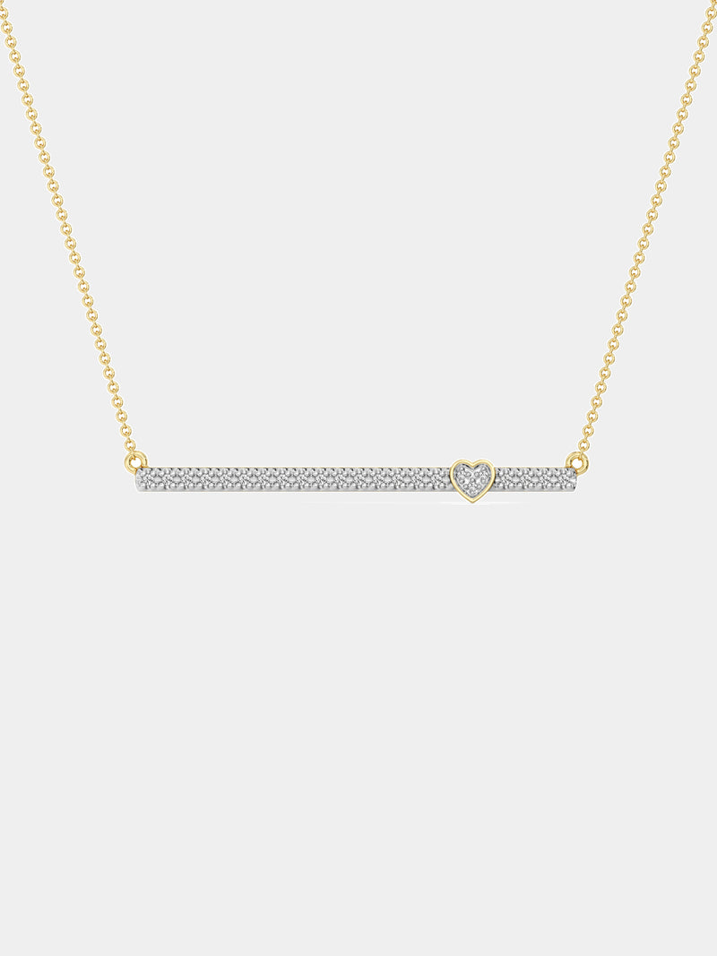 Keemti Jewels Linear Love Necklet: Gold bar chain necklace with heart motif, diamonds, on white background.
