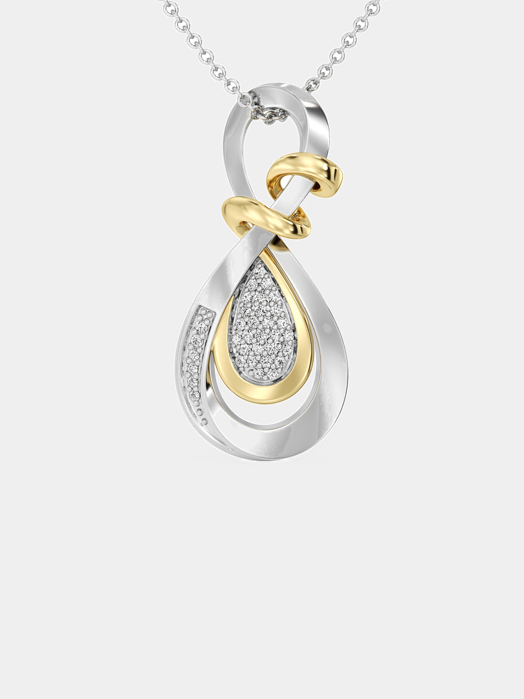 Teardrop bicolor pendant on silver chain, loop top and pave inset stones