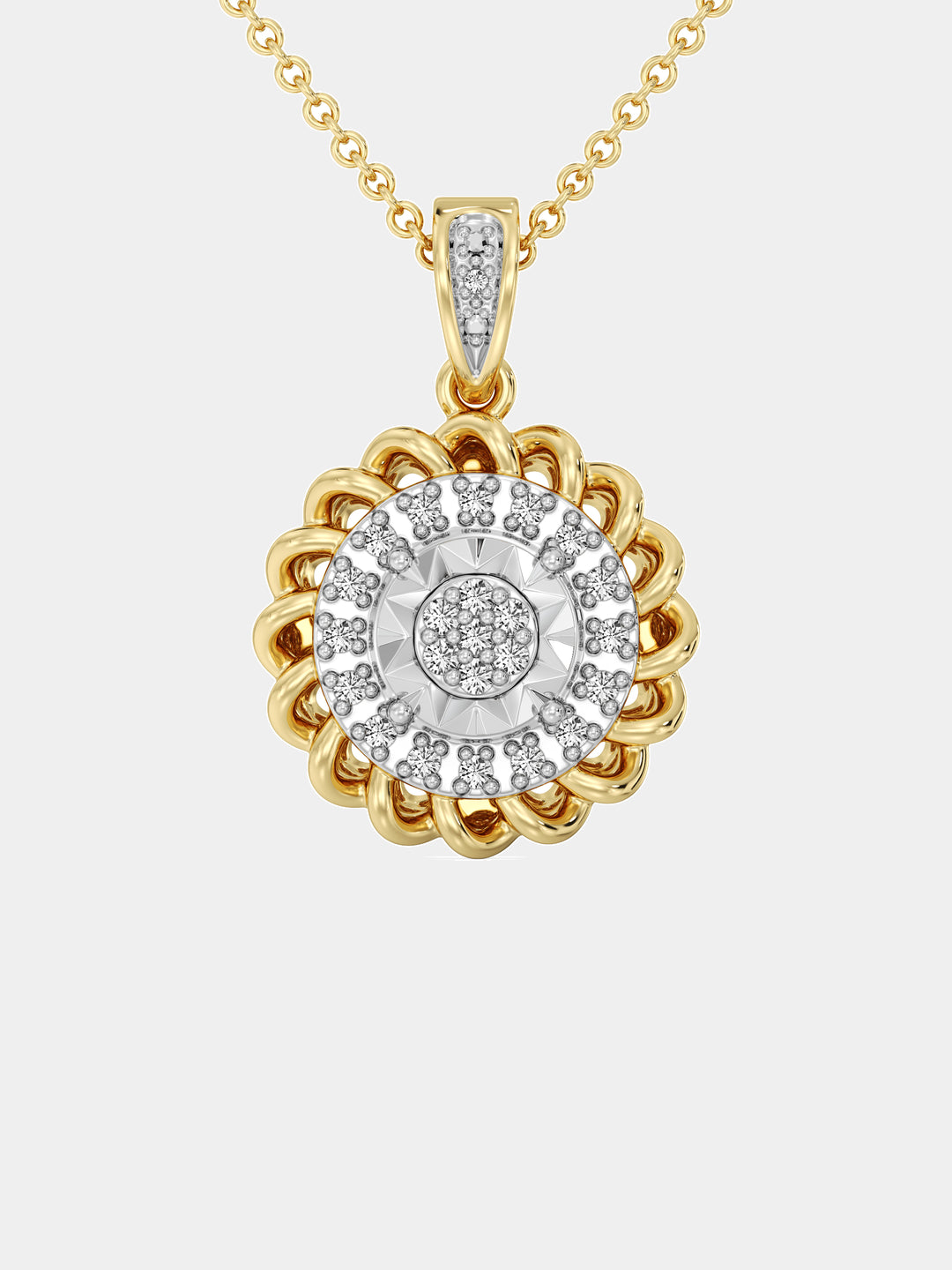 A woman in a black top wears Keemti Jewels' Aurora Cluster Necklet, a gold floral halo with a sparkly round pendant.