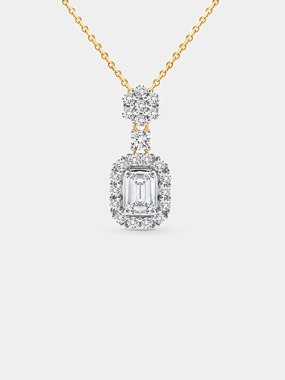 Eternal Emerald Halo Necklet by Keemti Jewels: an emerald-cut diamond pendant on gold, worn over a black top.