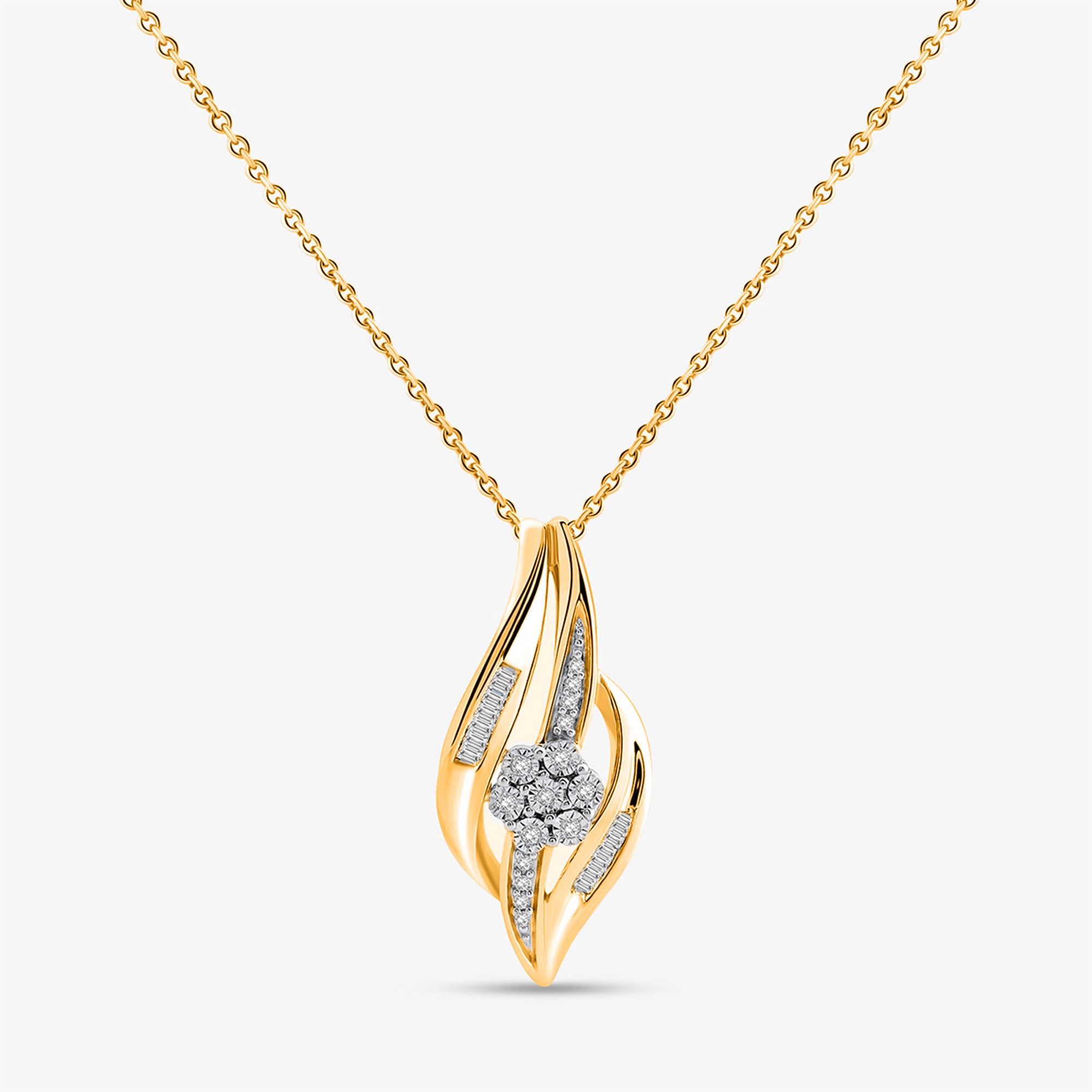 Keemti Jewels' Abstract Flame Necklet: fluid gold curves, sparkling diamonds, and a central round diamond cluster.