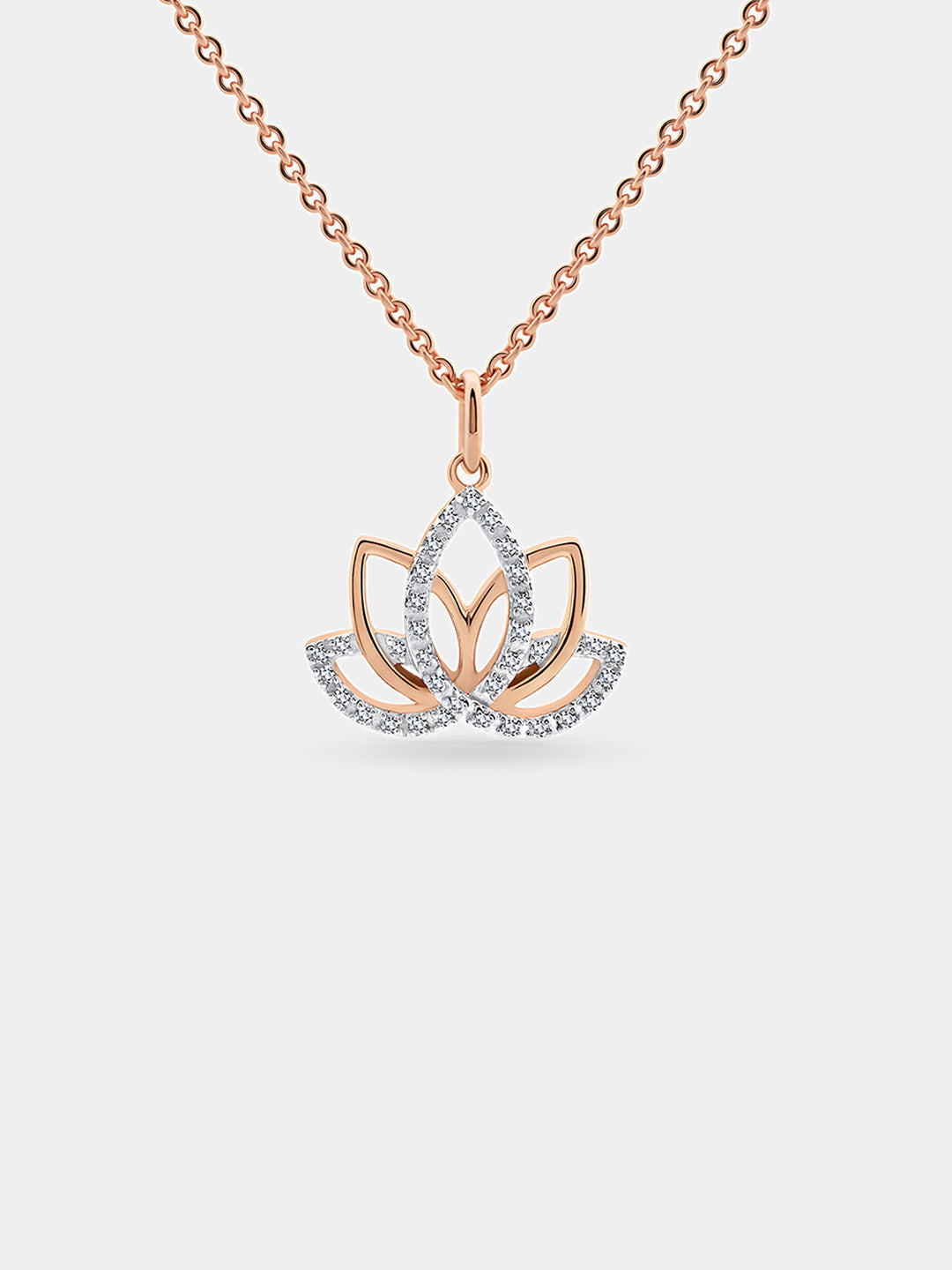 Rose-gold chain with lotus pendant featuring pavé crystal edges and center detail