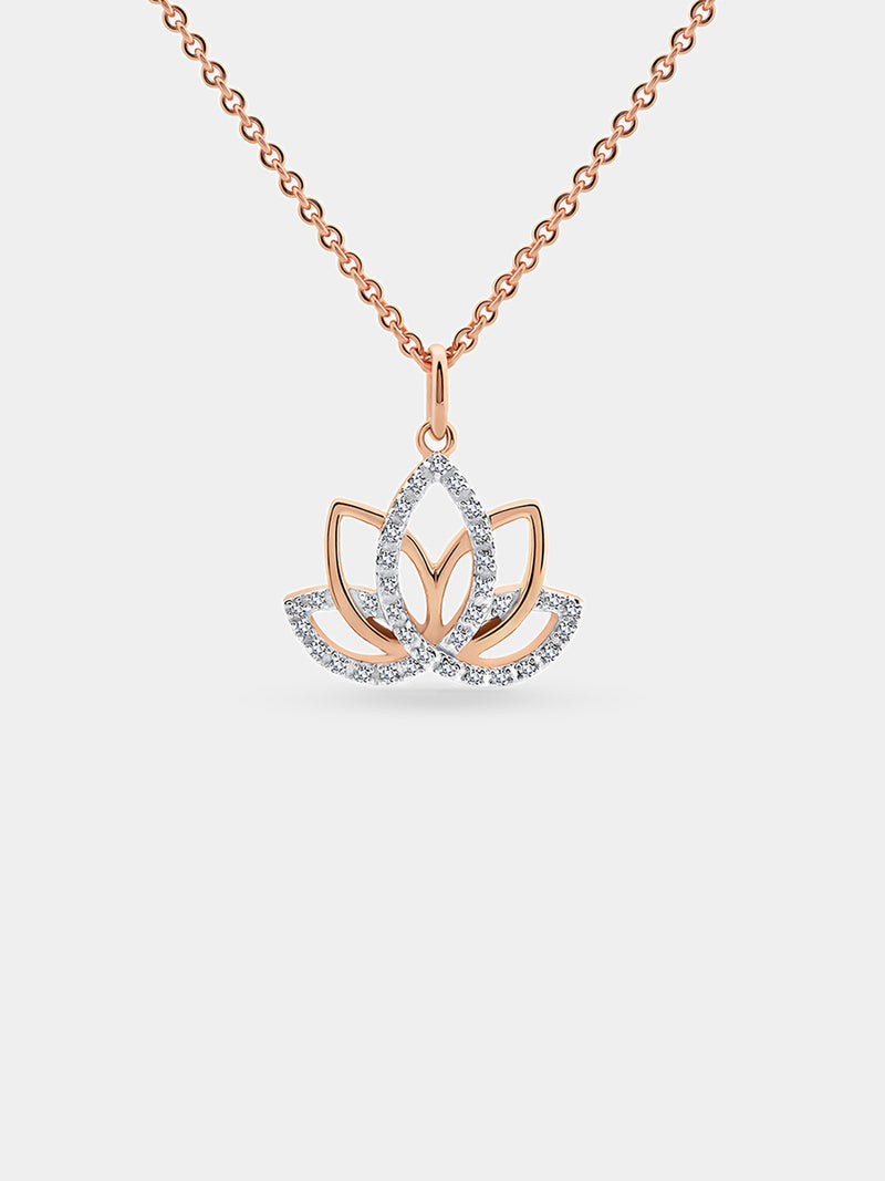 Rose-gold chain with lotus pendant featuring pavé crystal edges and center detail