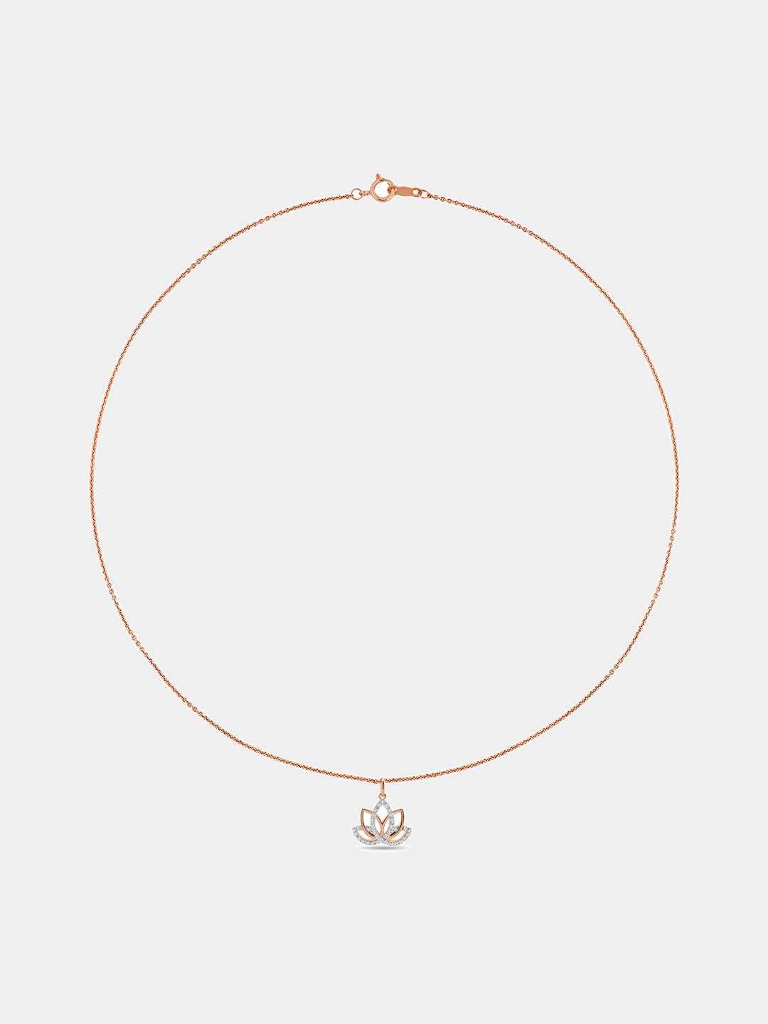 Rose-gold chain necklace with small lotus charm pendant at the center