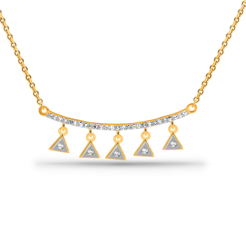 Keemti Jewels' Triangle Charm Drop Necklet: gold diamond chain, five triangle drops, and curved diamond bar.
