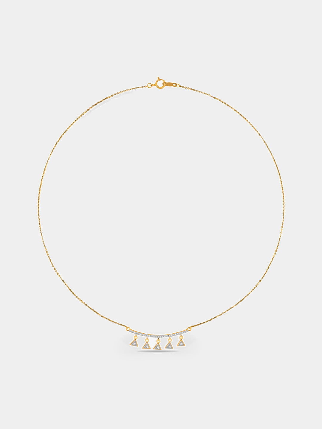 Keemti Jewels' Triangle Charm Drop Necklet: gold diamond chain, five triangle drops, and curved diamond bar.