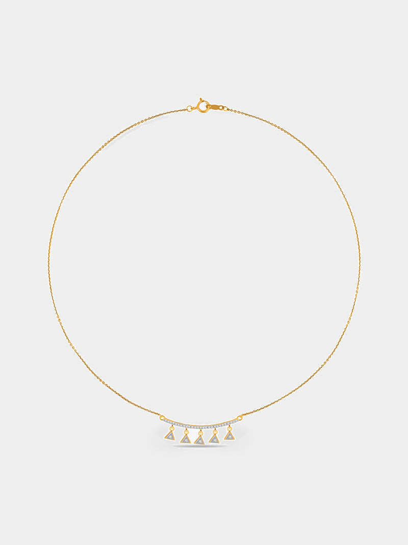 Keemti Jewels' Triangle Charm Drop Necklet: gold diamond chain, five triangle drops, and curved diamond bar.
