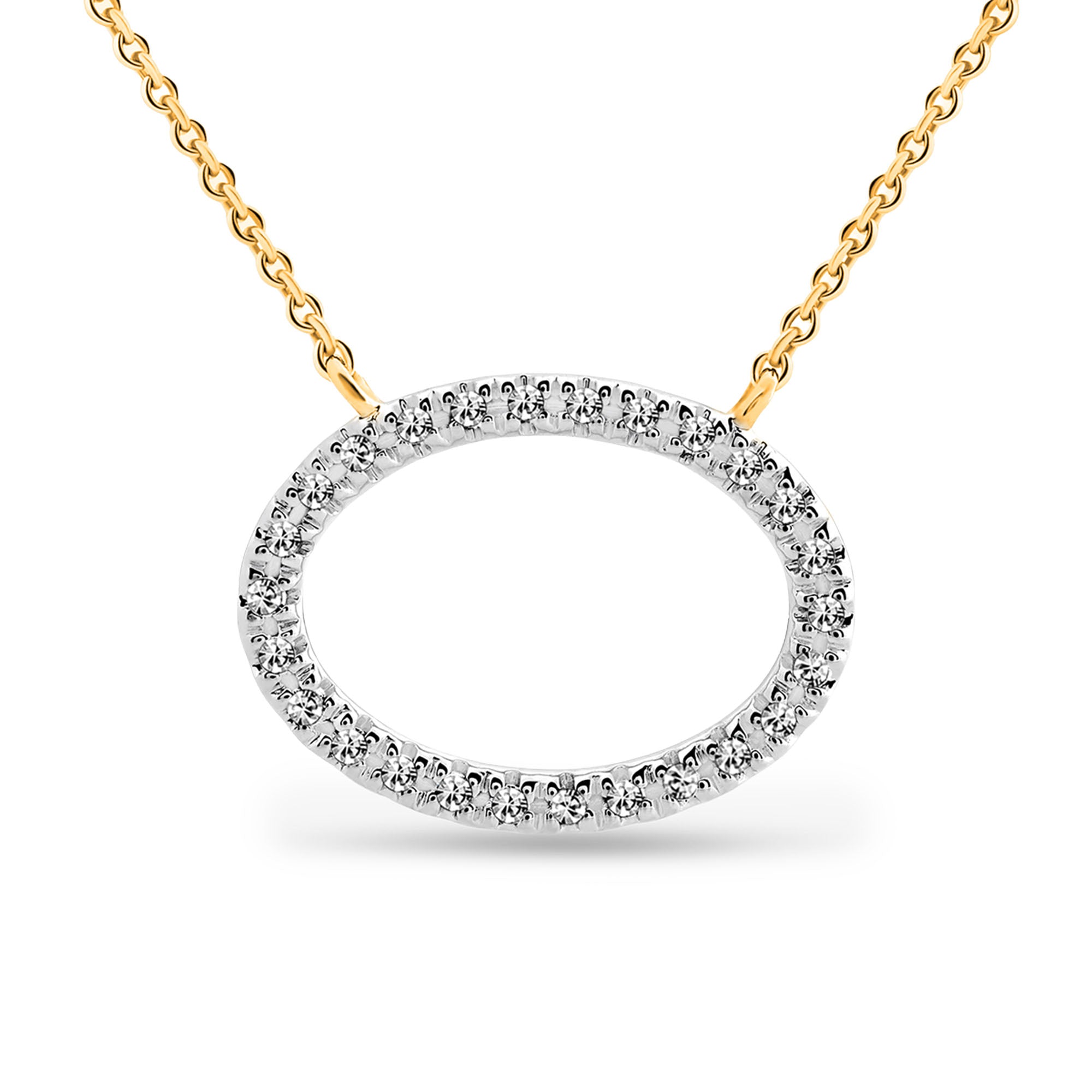 Classic Oval Halo Necklet from Keemti Jewels: a gold chain necklace with oval pendant on white metal, white background.