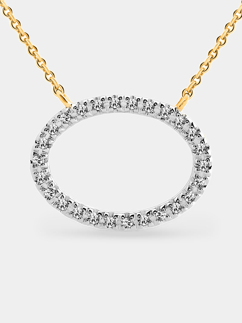 Classic Oval Halo Necklet from Keemti Jewels: a gold chain necklace with oval pendant on white metal, white background.