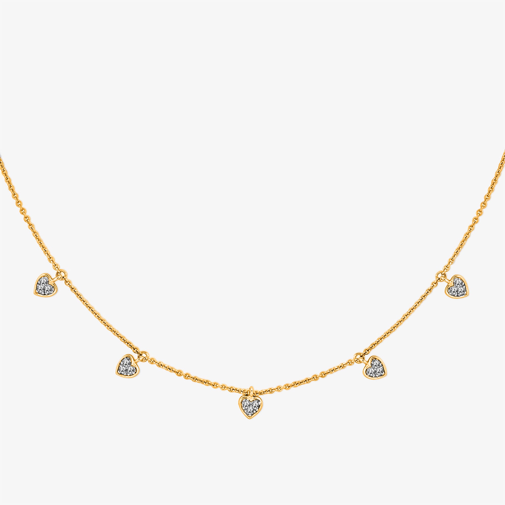 Linked heart charm necklace with small heart pendants and a center heart, silver 925