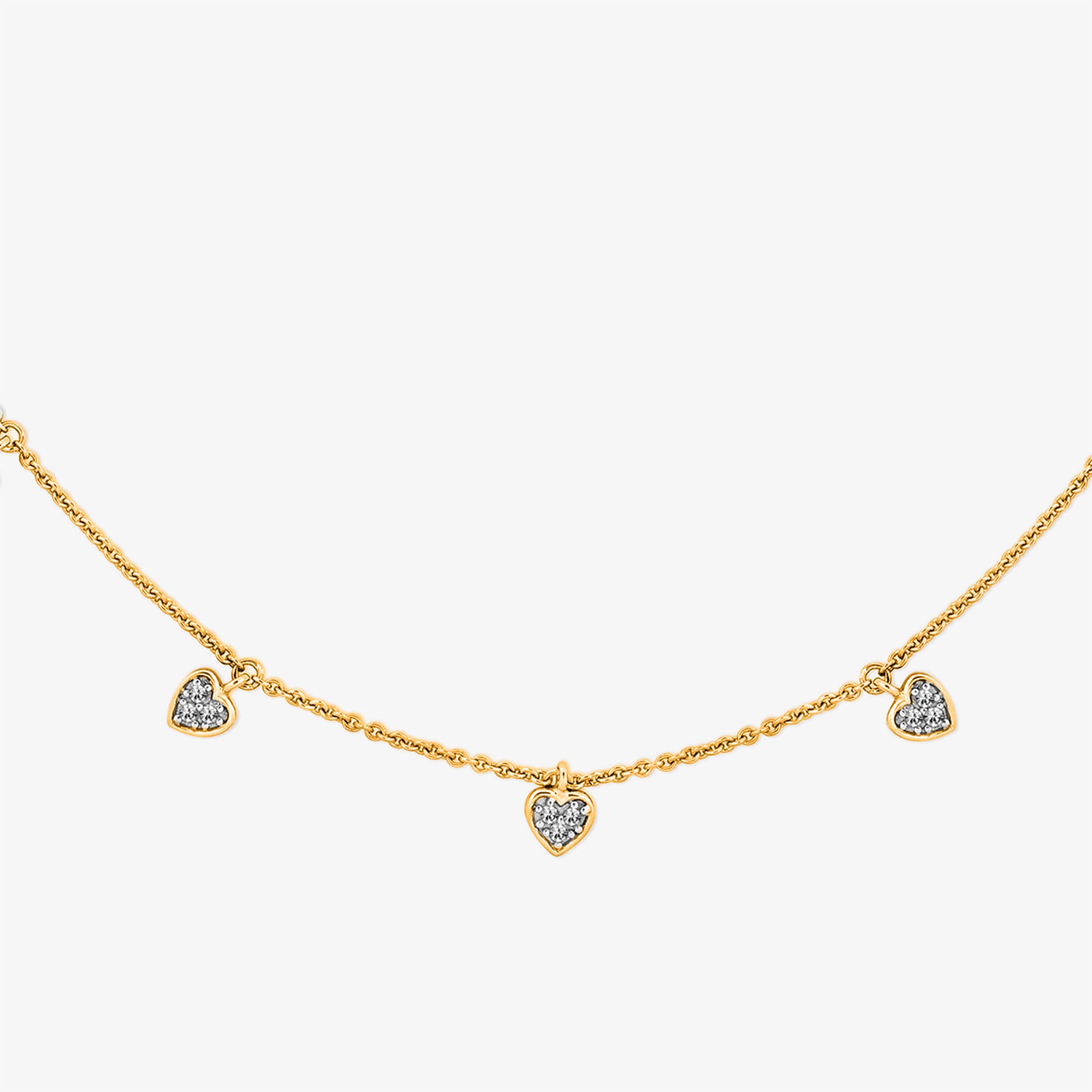 Keemti Jewels Linked By Love Charm Necklet: three heart charms with clear stones on a fine gold chain.