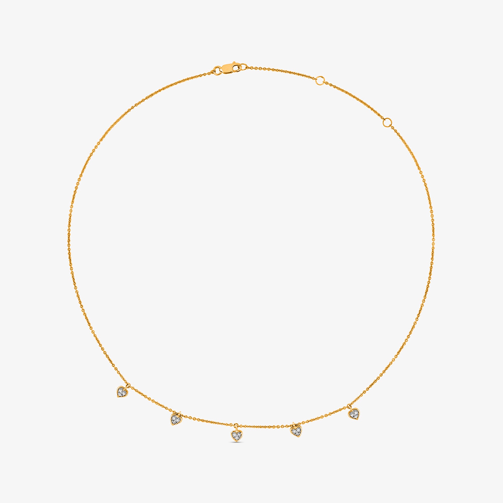 Keemti Jewels Linked By Love Charm Necklet: slim gold necklace with 5 round gemstone charms on white background.