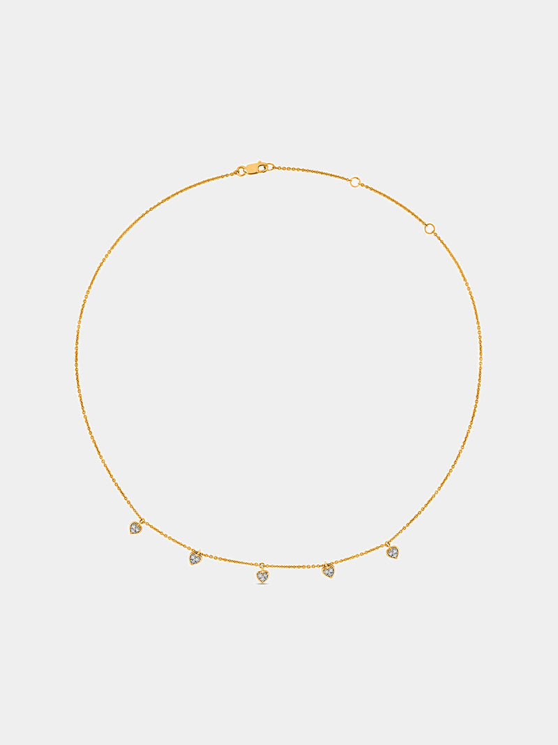 Keemti Jewels Linked By Love Charm Necklet: slim gold necklace with 5 round gemstone charms on white background.