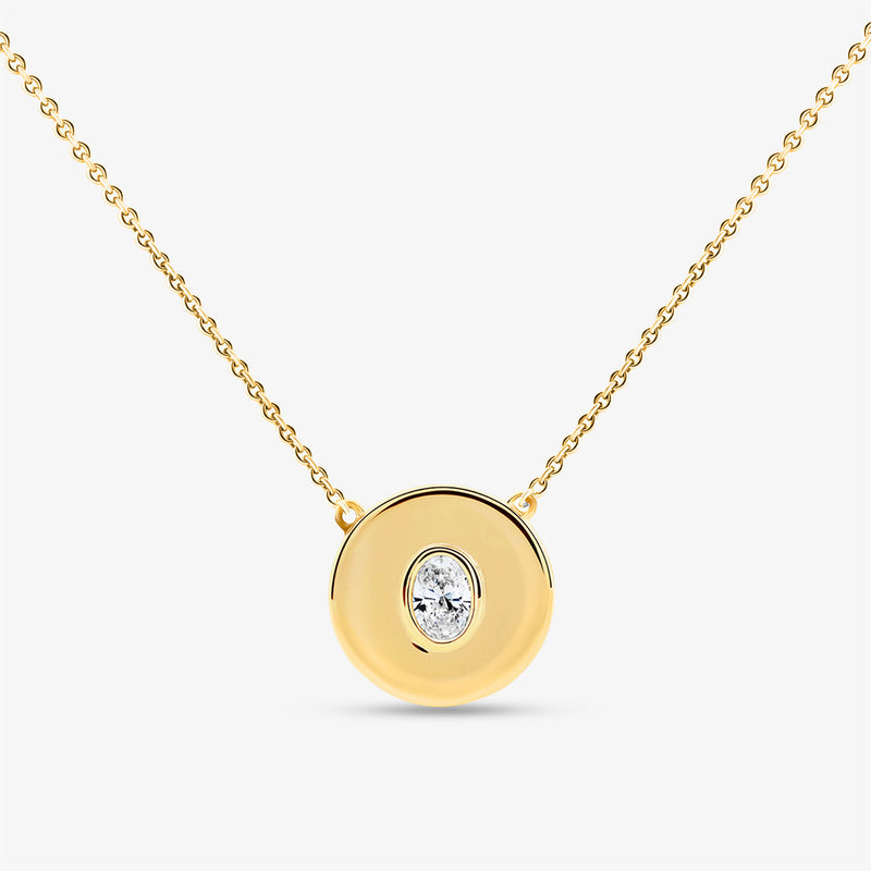Gold vermeil orbit solitaire diamond necklet, round pendant with center stone (0.75 ct)