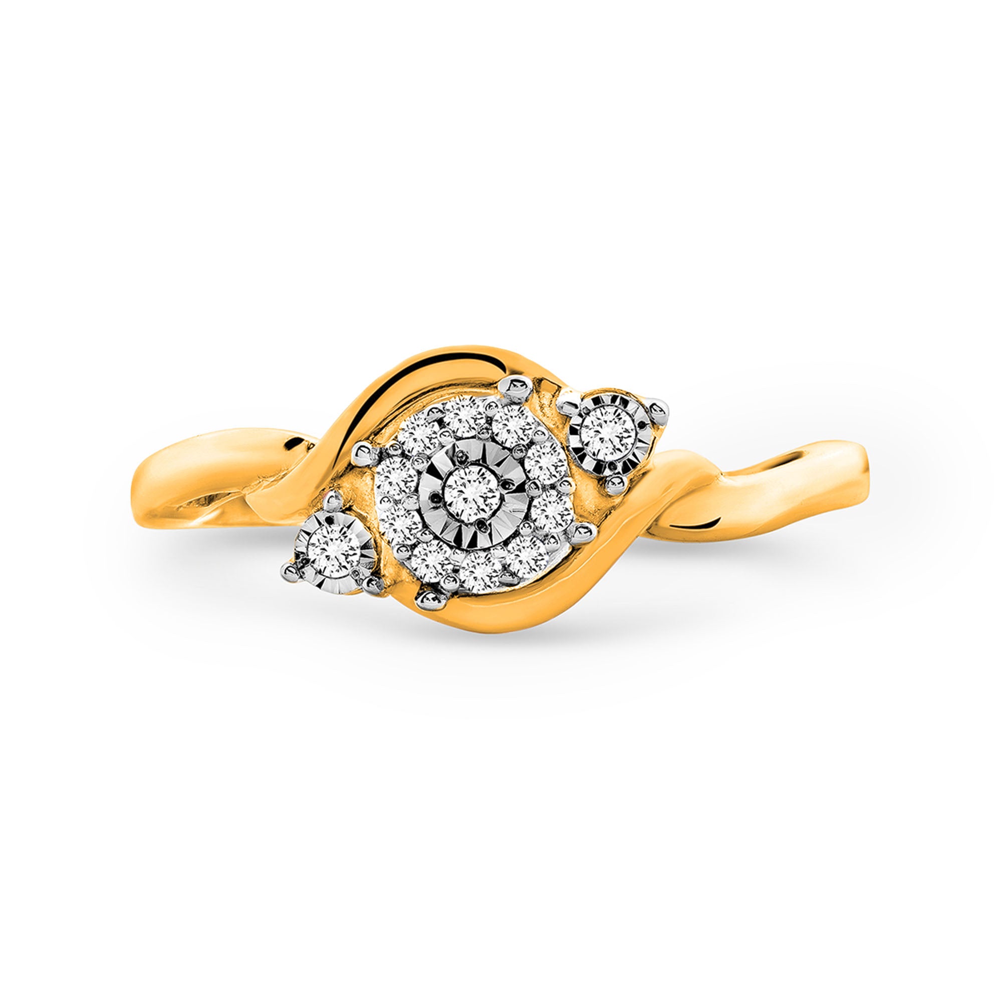 Keemti Jewels' Two-Tone Accent Ring: floral-inspired gold band with three diamonds and a sparkling diamond center.