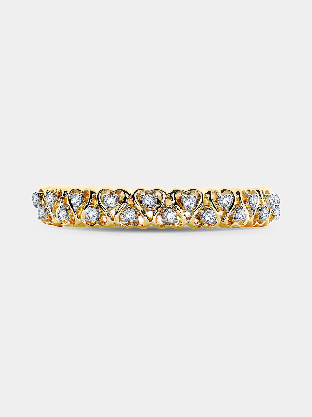 Zweilagiger Weave-Ring: gewölbte Bandform mit Reihen funkelnder Herz-Steine