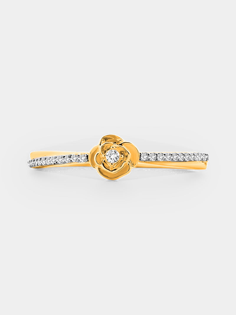 Petal Blush Promise Ring by Keemti Jewels: gold band with diamond accents and a floral motif, on white background.