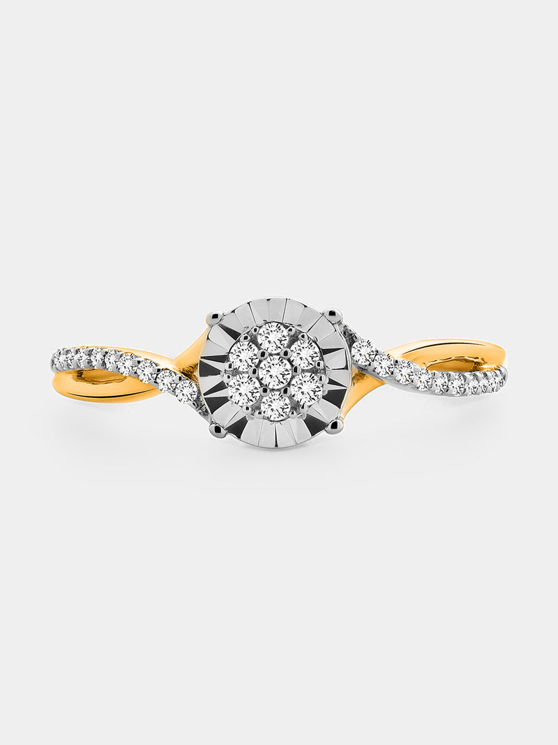 Keemti Jewels Classic Round Twist Band Ring with diamond cluster and pave band, shown on a white background.