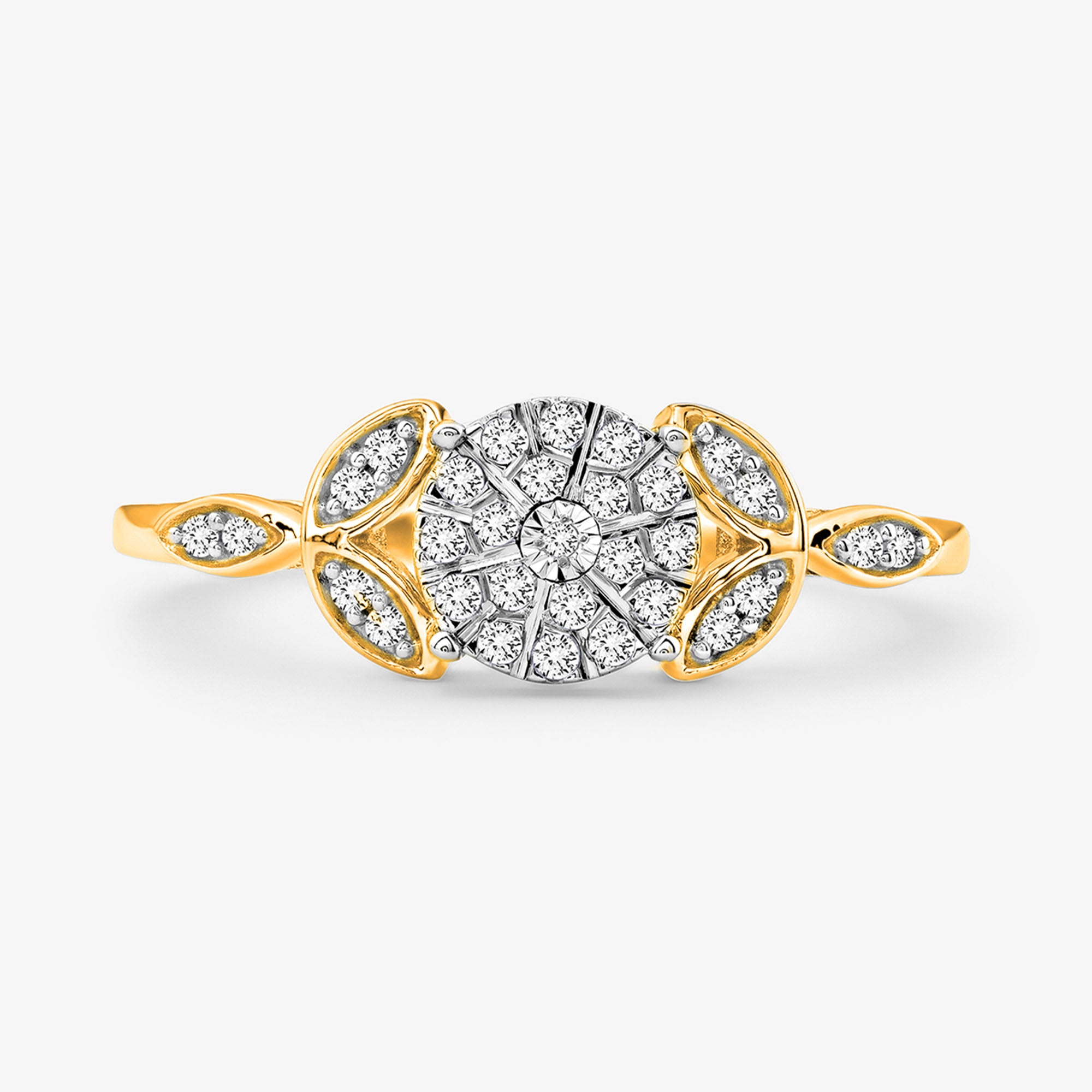Iris Sparkle Cluster Ring by Keemti Jewels: round diamond cluster, marquise accents, floral bridal elegance.