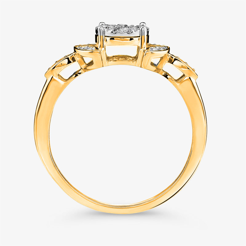 The Iris Sparkle Cluster Ring by Keemti Jewels: a gold vintage ring with square diamond and side stones, side view.