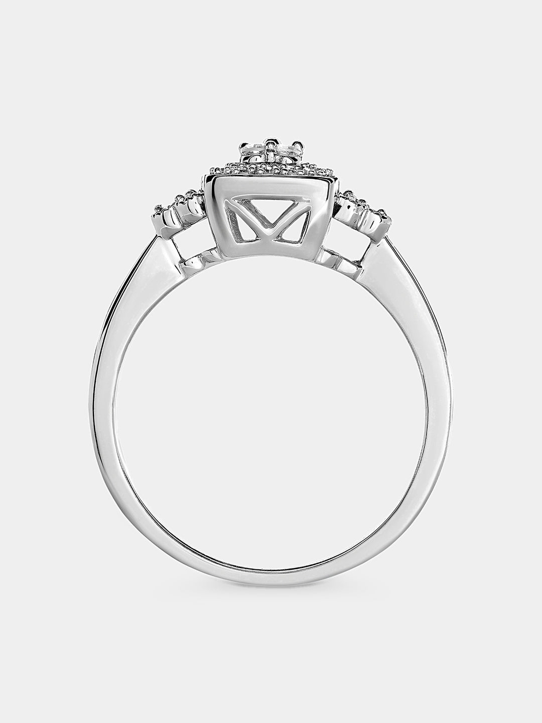 Cushion cluster diamond ring, silver band with raised square top and side stones