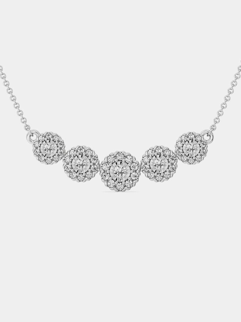 Silver-tone floral cluster necklace with round sparkling stone clusters