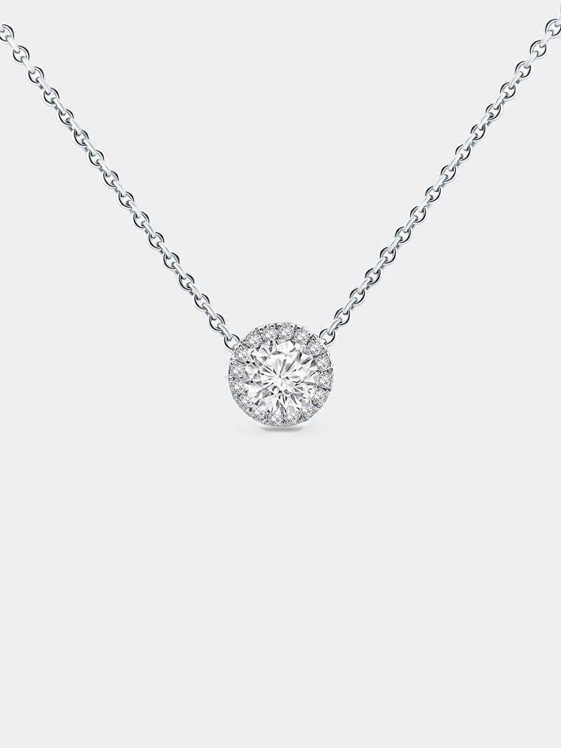 Necklet worn on neckline: round halo pendant on fine silver-tone chain