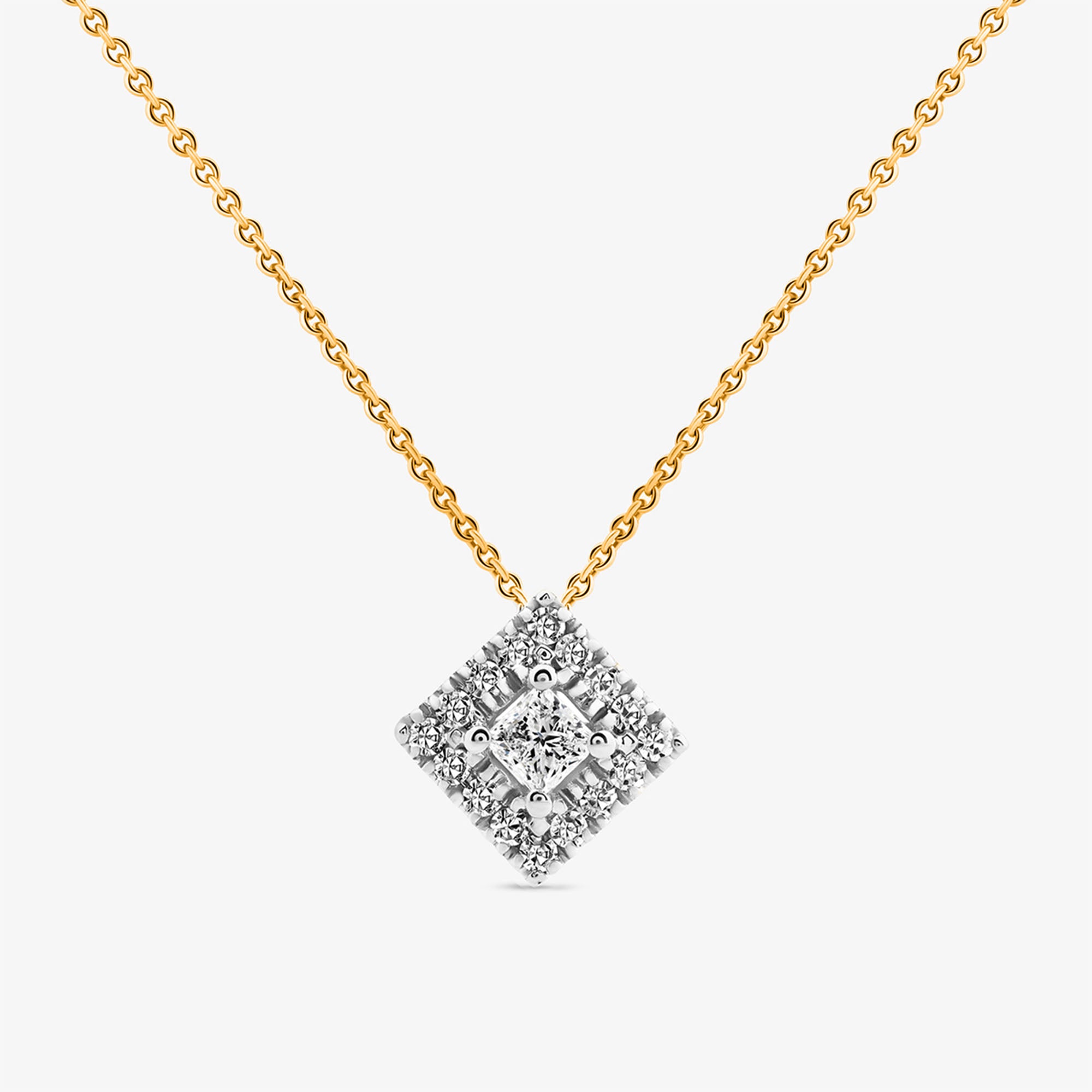 Square prism pendant necklace in silver-toned metal with sparkling diamond-like stones