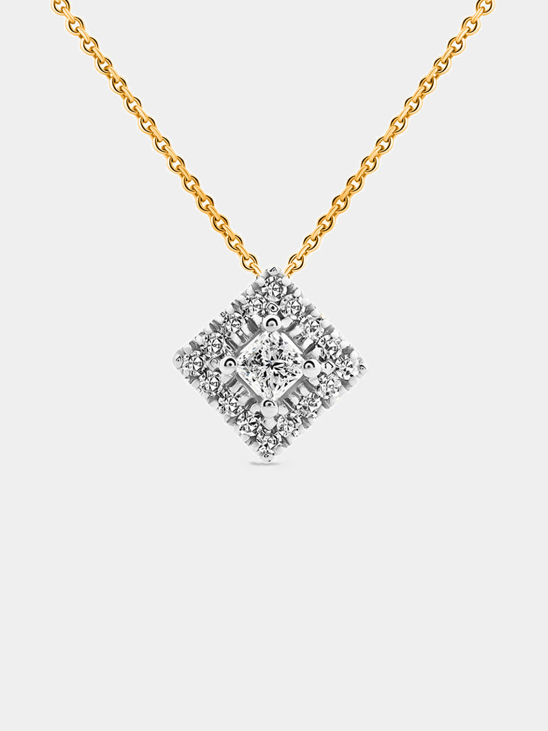 Square prism pendant necklace in silver-toned metal with sparkling diamond-like stones