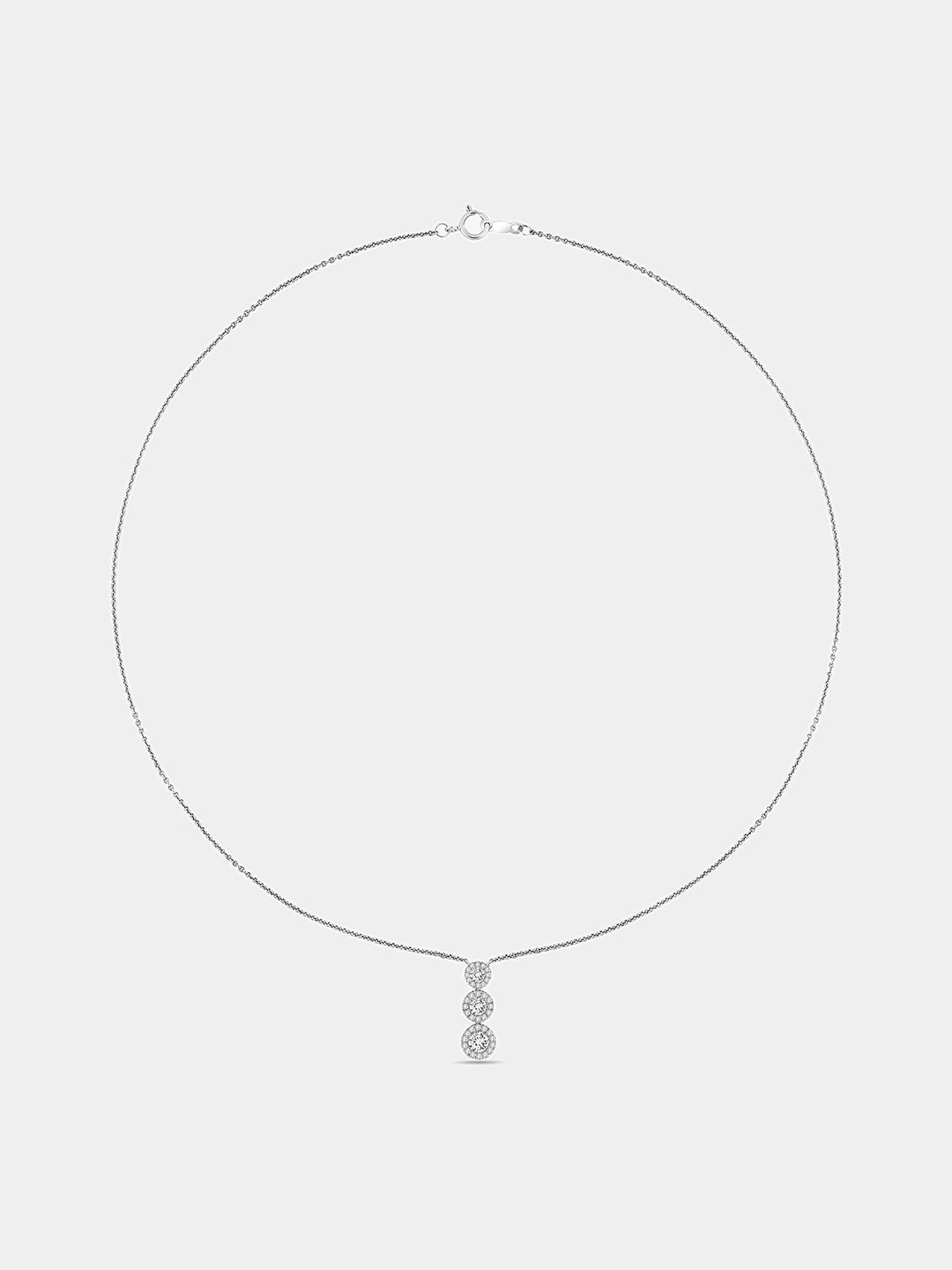 Fine silver chain necklace with three round halo stones at the center.