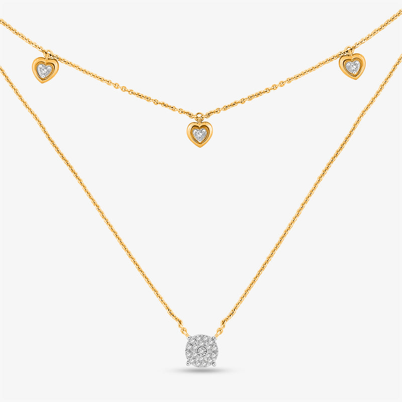 Keemti Jewels' Twilight Layered Necklet: elegant gold with 3 heart pendants and a round diamond on white.