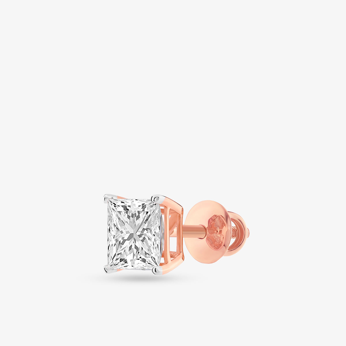 Keemti Jewels PRINCESS Solitaire Stud Earrings feature a princess-cut diamond in rose gold on a white background.